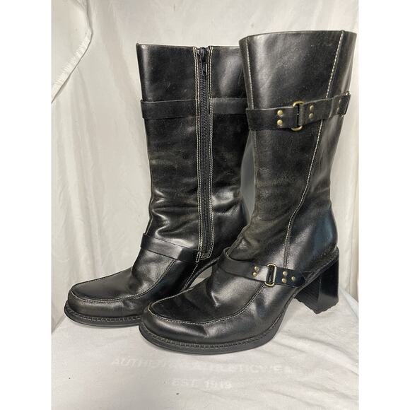 Clarks Shoes - Indigo By Clark’s Leather Boots Women’s Size 6.5 Black Buckle Side Zip Heel Soft